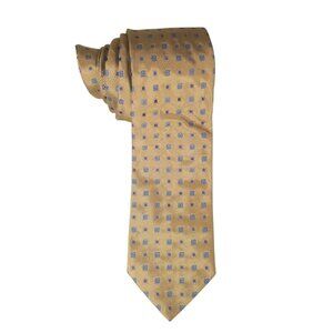 NICK HILTON Men's 100% Silk Tie ITALY Gold Blue Geometric Pattern Sheen EUC